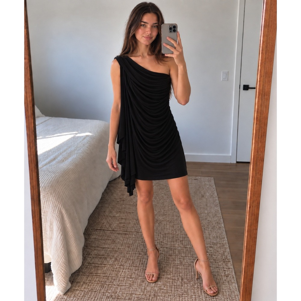 Boston Proper One Shoulder Dress S Black Ruched Side Drape Cocktail Party Chic